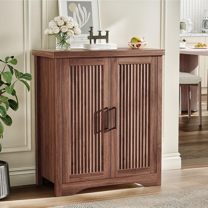 Fluted Buffet Cabinet with Storage Accent Sideboard,Modern Credenza with 2 Doors & Adjustable Shelves,Wood Coffee Bar Table Console for Dining Room Kitchen Living Room Entryway, Walnut