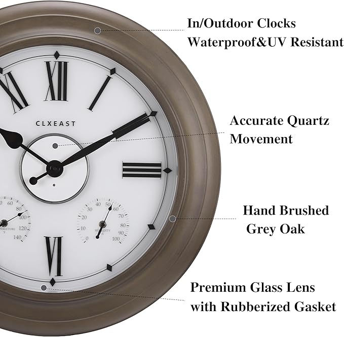 CLXEAST Illuminated Outdoor Clocks Waterproof 24 Inch with Smart Sensor, Large Metal Wall Clocks with Temperature and Humidity for Living Room Decor,Garden Patio,Grey Oak/Faux Barnwood Finish