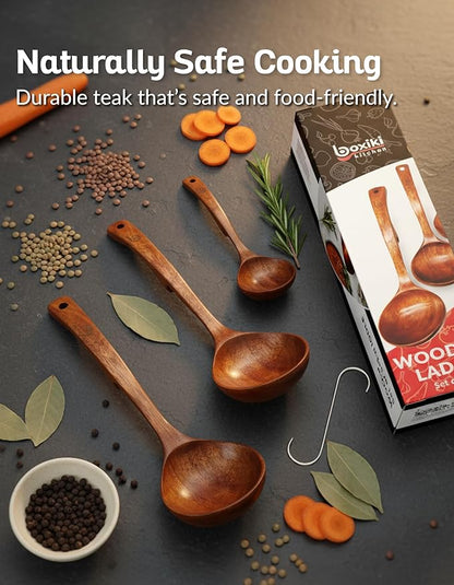 Soup Spoons - Luxury Teak Wood Ladle Set of 3 – Chef-Grade, Eco-Friendly Wooden Cooking Utensils with Reinforced Neck Joint & Anti-Slip Notch Handle – Multi-Size, Gift-Ready Ladle Spoons Set