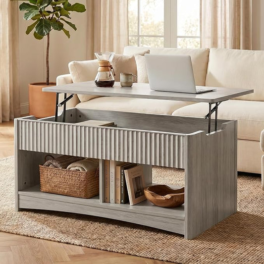 Marsail Lift-Top Coffee Table, Fluted Center Table with Hidden Compartments, Smooth Lifting & Space-Saving Design, Versatile Wood Coffee Table for Living Room and Office, Grey