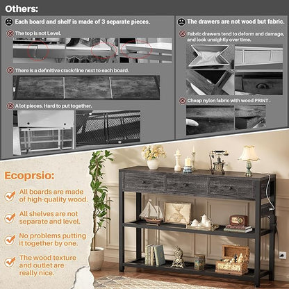 Ecoprsio 47'' Entryway Table with Outlets and USB Ports, Console Table with 3 Drawers, Sofa Table Narrow Long with Storage Shelves for Living Room, Couch, Hallway, Foyer, Kitchen Counter, Grey