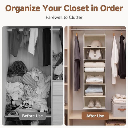 StorageWorks 6-Shelf Hanging Closet Organizer, Hanging Shelves for Closet, Fabric, Mixing of Beige, White & Ivory, 12" D x 12" W x 47 1⁄2" H