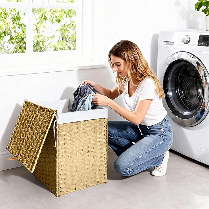 Woven Laundry Hamper with Lid,24Gal (90 L) Rattan Wicker Laundry Basket 2 Sections with Lid, Removable Machine Washable Line, Large Clothes Hamper with Handles for Bathroom Bedroom, Yellow