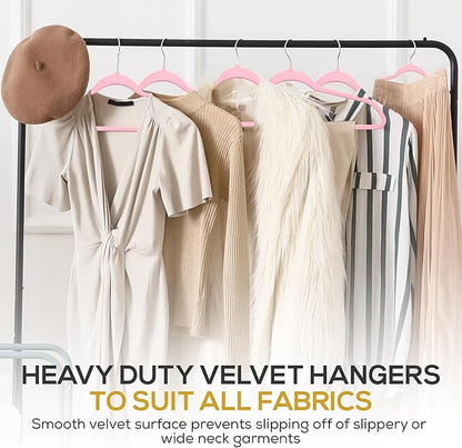 Premium Velvet Hangers 50 Pack Ultra Thin Non Slip Adult Felt Space Saving Suit Hanger for Closet Heavy Duty Coat Pants Jackets Dress Hangers 360° Swivel Hook Hold Upto 10 lbs Pink