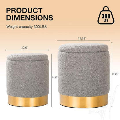 YYW HOME Sherpa Round Ottoman Set of 2 with Storage, 12 Gallon Hidden Storage Ottoman, Multi-Functional Footrest Stool, Vanity Seat, Coffee Table, No Assembly Required, Holds 300lbs (Gray)