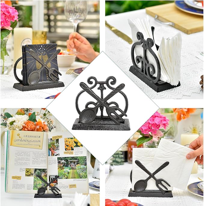 Sungmor Vintage Cast Iron Napkin Holder, Rustic Farmhouse Napkins Holder, Freestanding Table Napkins Stand, Pretty Tableware Decor Paper Napkin Rack, Home Restaurant Dining Table Square Napkin Holder