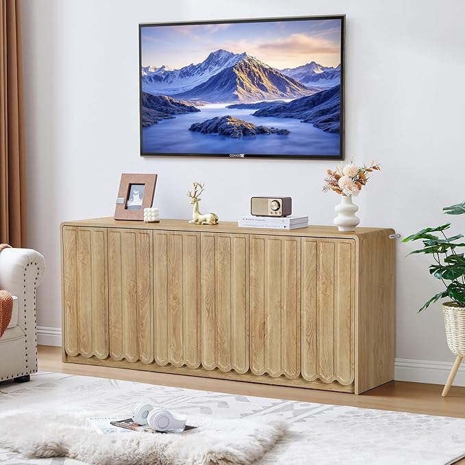 ORRD Sideboard Buffet Cabinet with Storage, Low Storage Cabinet Modern Wooden Accent Credenza Console Table TV Stand with 6 Wave Panel Doors for Kitchen Dining Living Room Entryway, Natural