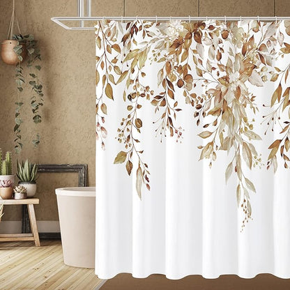 Gibelle Long Shower Curtain 72 x 78, Brown Floral Shower Curtain for Bathroom, Watercolor Plant Eucalyptus Leaves Fabric Shower Curtain Set