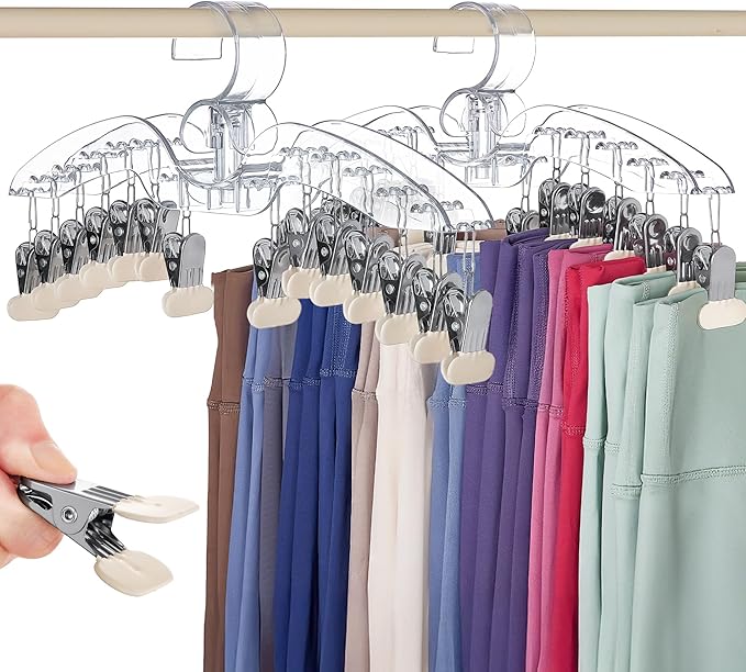 Clear Legging Organizer for Closet Hanging, 2 Pack 28 Coated Metal Clips Space Saving Pants Hangers, Wardrobes Organizer and Storage in Gym Bedroom Apartment