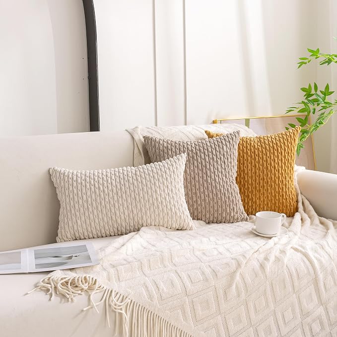 Set of 4 Beige Brown Coffee Decorative Throw Pillow Covers 20x20 Inch Corduroy Pillow Covers for Bed Couch Sofa Living Room Soft Square Cushion Cases