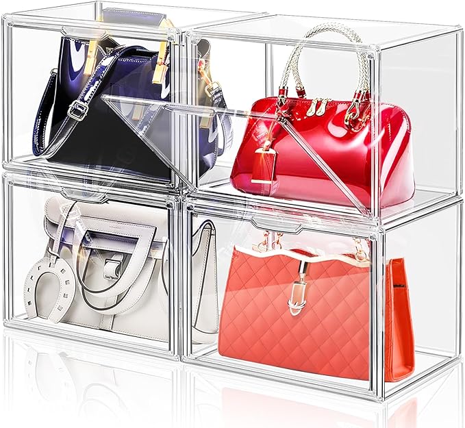 DILIBRA Set of 4 Plastic Purse Storage Organizer for Closet, Acrylic Display Case for Purse and Handbag, Stackable Storage Boxes Organizer with Magnetic Door for Clutch Wallet Book Toys