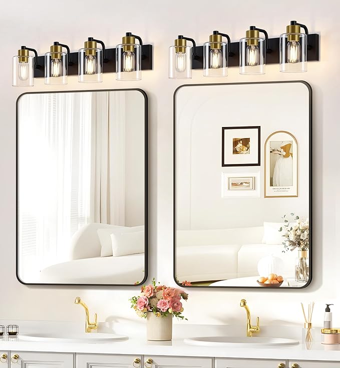 Bathroom Light Fixtures,Matte Black and Gold 4-Light Bathroom Lights with Clear Glass Shade,Modern Wall Sconces Over Mirror for Bathroom