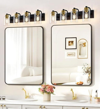 Bathroom Light Fixtures,Matte Black and Gold 4-Light Bathroom Lights with Clear Glass Shade,Modern Wall Sconces Over Mirror for Bathroom