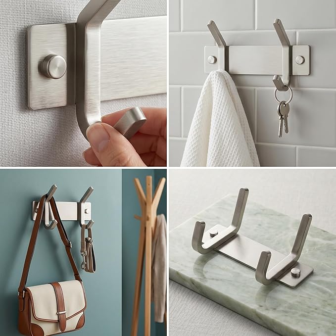 Small Coat Rack Wall Mount – Brushed Nickel 6 Inch Stainless Steel Hook Rail with 2 Heavy Duty Double Coat Hooks – Wall Mounted Coat Hanger for Entryway, Bathroom, Bedroom, Towel, Hat Organizer