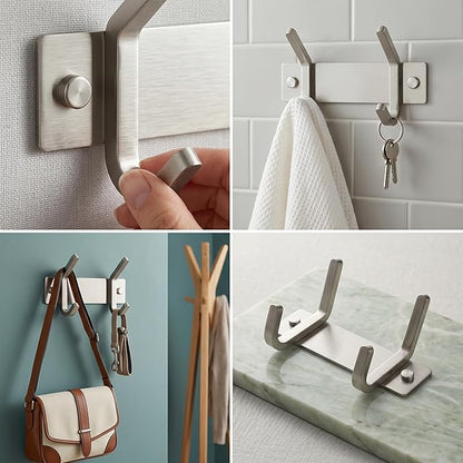 Small Coat Rack Wall Mount – Brushed Nickel 6 Inch Stainless Steel Hook Rail with 2 Heavy Duty Double Coat Hooks – Wall Mounted Coat Hanger for Entryway, Bathroom, Bedroom, Towel, Hat Organizer
