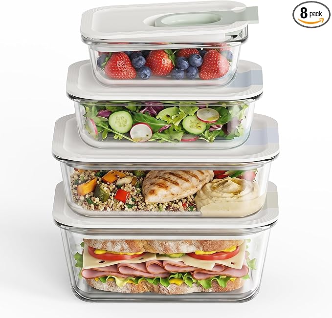 GENICOOK 4 Pack 129 oz Glass Meal Prep Containers, Glass Food Storage Containers with One-Hand Slide Lid, Borosilicate Airtight Portion Control Containers, Microwave Oven Freezer Safe, BPA Free