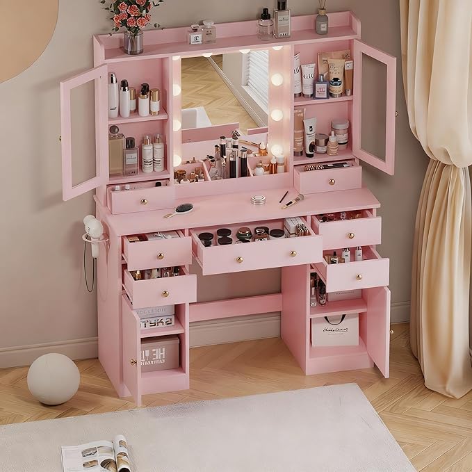 Vanity Desk with Mirror and Lights, Pink Vanity with Lighted Mirror & Power Outlet and 7 Drawers, 3 Color Modes Adjustable, Makeup Dressing Table Set with Lights for Girls Women