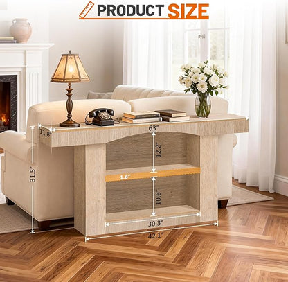63 Inch Entryway Table Three-Shelf Cabinet, Wooden Console Table with Socket Farmhouse Sofa Table for Entrance, Hallway, Living Room,Behind Couch(Oak Brown)