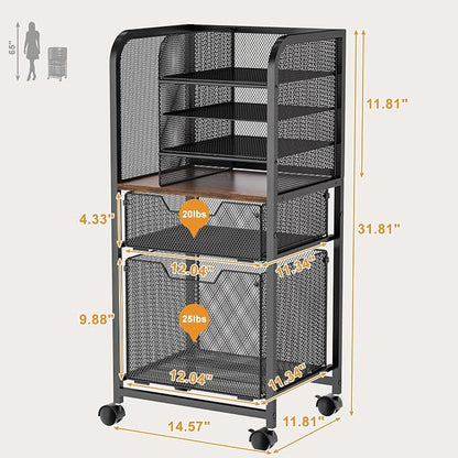 Feyejade 6-Tier Rolling File Cart with 2 Drawers, File Cabinet Organizer for Hanging File Folders, Letter-Size File Storage with Wheels, Multi-Layer Mobile Filing Cabinet for Office and Home