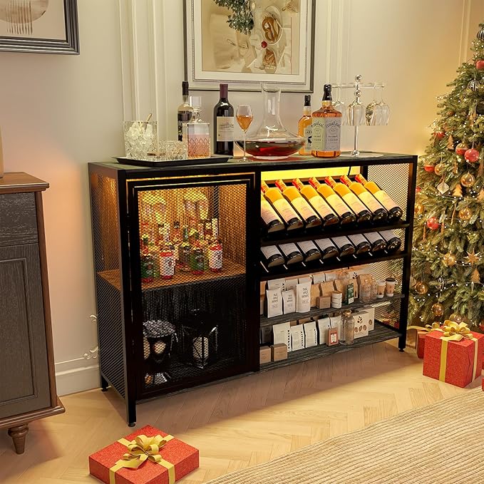 48" Wine Bar Cabinet with Power Outlet, Industrial Coffee Bar Cabinet with LED Strip, Liquor Bar Cart with Wine Rack and Glass Holder for Living Room Dining Room Kitchen, Rustic Grey