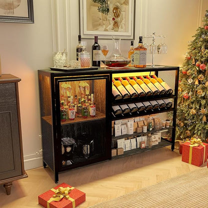 48" Wine Bar Cabinet with Power Outlet, Industrial Coffee Bar Cabinet with LED Strip, Liquor Bar Cart with Wine Rack and Glass Holder for Living Room Dining Room Kitchen, Rustic Grey