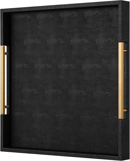 Black Faux Leather Decorative Serving Tray with Handles – Large Square for Coffee Table, Ottoman, Living Room & Bathroom Home Decor