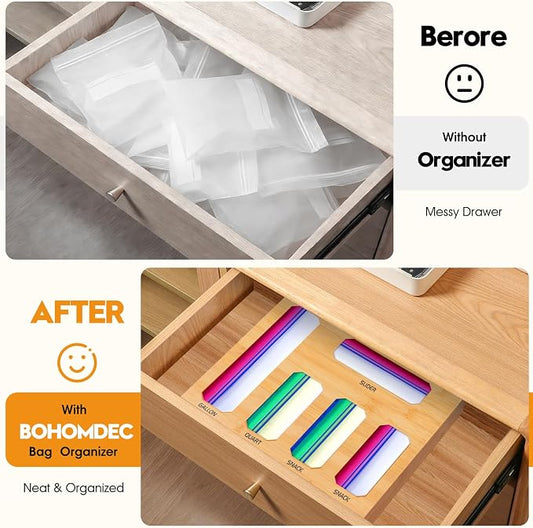 Bamboo Ziplock Bag Organizer for Kitchen Drawer, Food Storage Baggie Holder with 24 Label Stickers, Fits Gallon Quart Sandwich Snack Freezer & Slider Bags, No Assembly, Wall Mount or Drawer