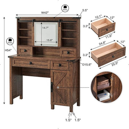T4TREAM Farmhouse Makeup Vanity Desk with Sliding Mirror and Lights, 42'' Glass Tabletop Vanity Table with 2 Drawers & Shelves, Rustic Large Vanity Set for Bedroom, Reclaimed Barnwood