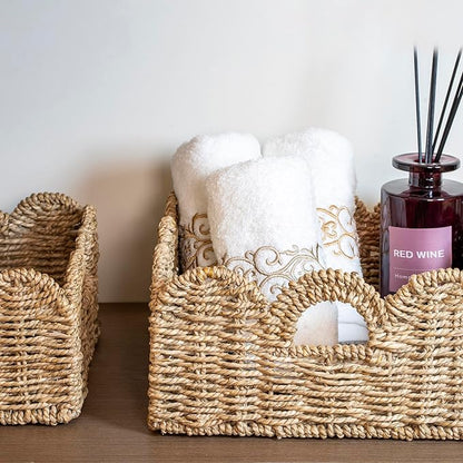 Scalloped Basket 2 Pack Wicker & Rattan Storage with Built-in Handles, Decorative Woven Seagrass Basket for Nursery & Bathroom Organization