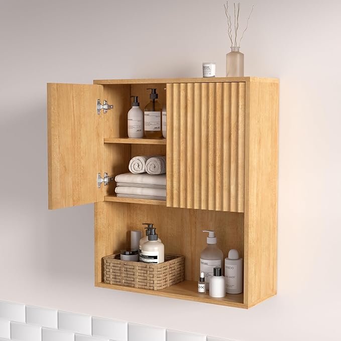Fluted Bathroom Wall Cabinet Over The Toilet Storage,Wall Mounted Cabinet with Adjustable Shelf,Floating Cabinet Organizer Hanging Cabinet,Kitchen and Laundry Room Cabinets (Oak, 1 PC)