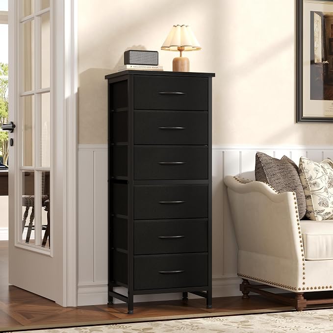 Sweetcrispy Tall Fabric Dresser for Bedroom, 6 Drawer Skinny Chest of Drawers, Narrow Storage Tower with Wood Top and Metal Frame, Vertical Nightstand for Closet, Bedroom Organization Furniture, Black