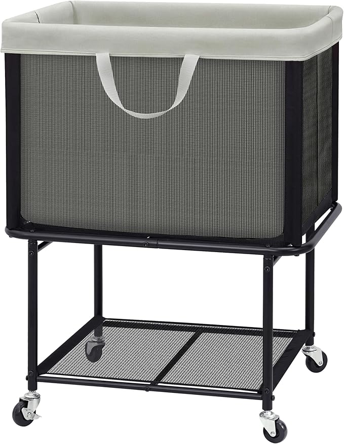 STO STO Rolling Laundry Hamper with Lockable Wheels, 29-Gallon (110L) Laundry Cart with Removable Canvas Bag, 2-Tier Clothes Basket Hamper with Shelf for Closet, Bedroom, Bathroom, Laundry Room, Gray