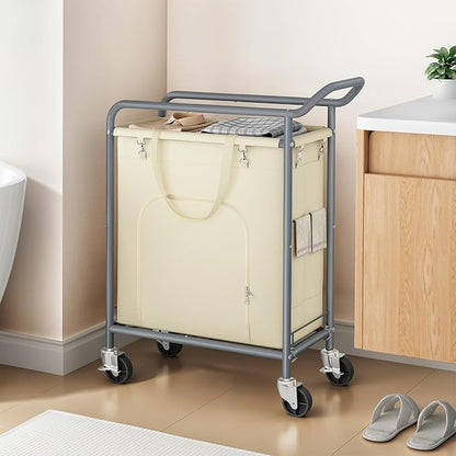 Laundry Basket with Wheels,114L Large Rolling Laundry Hamper, Heavy-Duty Laundry Cart Sturdy Metal Frame with Handle, Minimizes Bending Easy Access Clothing for Bedroom, Bathroom, Laundry Room (Beige)
