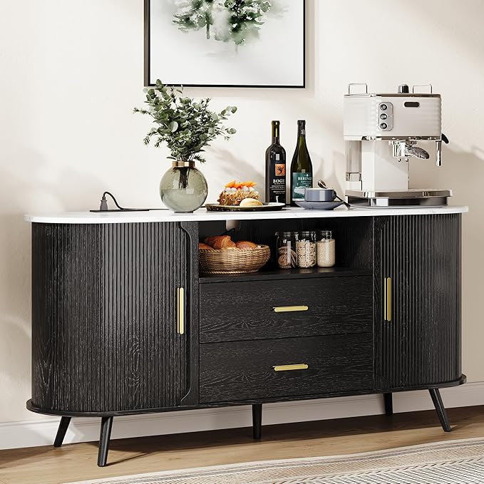 60" Sideboard Buffet Cabinet with Storage, Sliding Door & Adjustable Shelf, Modern Credenza with 2 Drawer, Accent Sideboard Coffee Bar Console Table for Kitchen, Entryway and Living Room