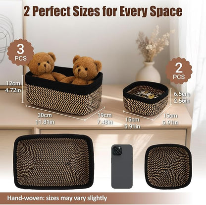 5-Pack Small Woven Rope Storage Baskets – 2 Sizes Organizer Bins for Closet, Shelf, Bookshelf, Nursery, Changing Table, Fabric Cube Boxes, Rectangular Shallow Bins for Bathroom, Toy & Home