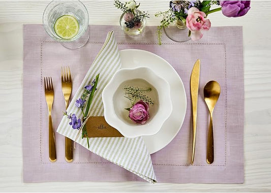 Solino Home Linen Placemats Set of 4 - Classic Hemstitch Lilac Placemats 14 x 19 Inch - 100% Pure Linen Table Mats for Valentines, Spring, Easter