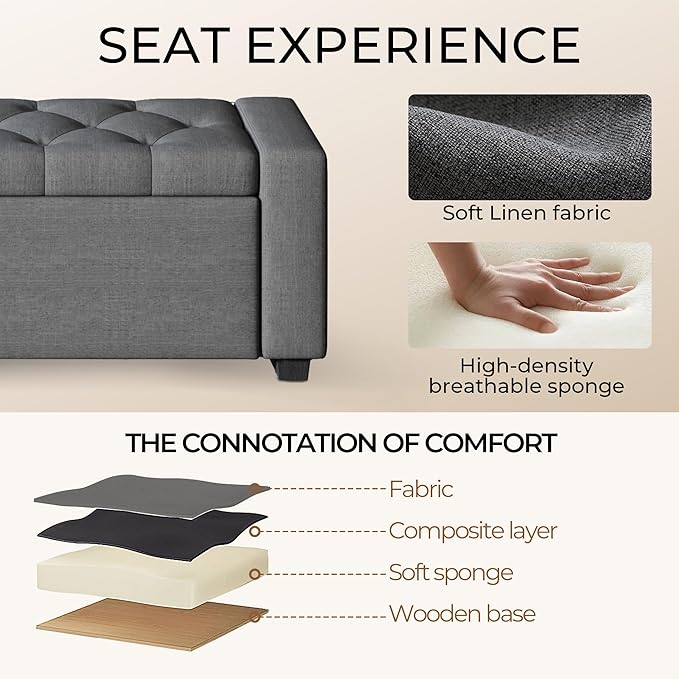 Storage Ottoman Bench,Large Entryway Ottoman with Storage, Rectangular Bench with Cushion and Safety Hinge for Living Room Bedroom,Darkgray