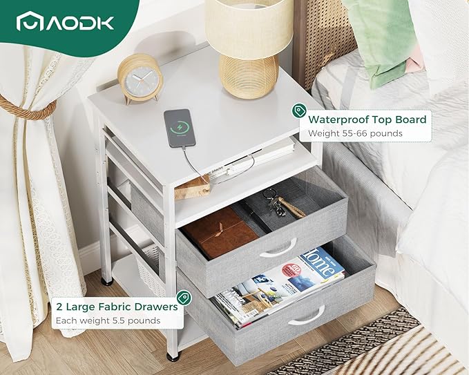 AODK Night Stand with Charging Station and LED Lights, 27.6 Inch Bed Side Table with 2 Drawers and Open Shelf, Bedside Table for Bedroom, Living Room, White & Light Grey