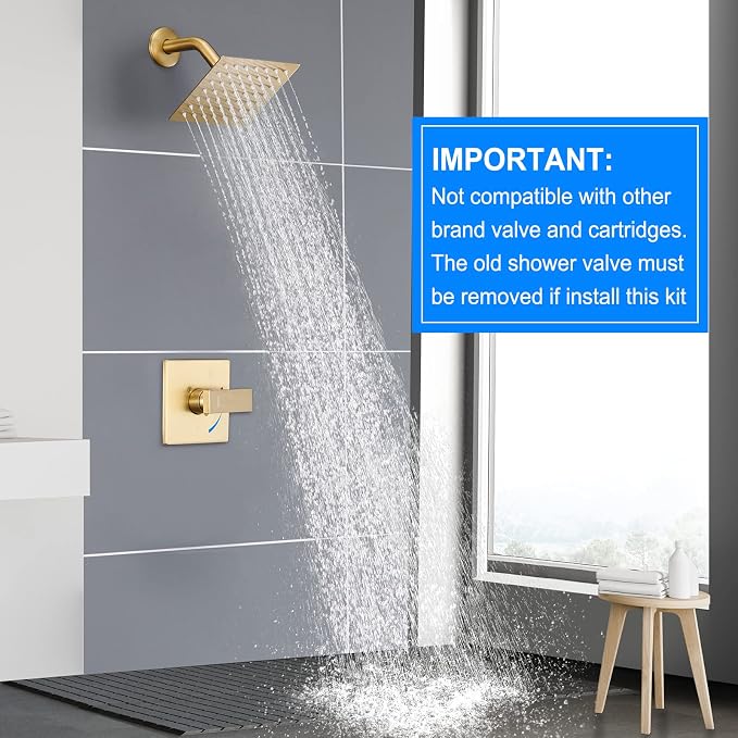 Esnbia Shower Kit, Shower Faucet Set（Valve Included) with 6-Inch Rain Shower Head, Single-Handle Shower Trim Kit, Brushed Gold