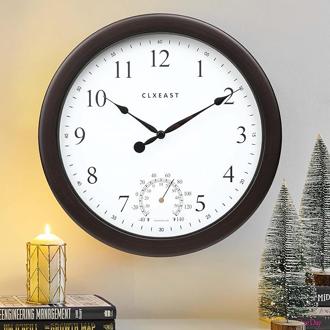 CLXEAST 10.4 Inch Indoor Outdoor Clocks Waterproof,Outdoor Clock with Temperature for Bathroom,Patio, Pool,Kitchen,Oil Rubbed Bronze Black Finish,House Warming Gifts New Home