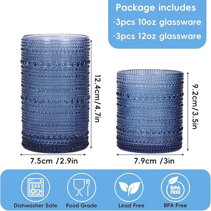 Moretoes Hobnail Drinking Glasses Set of 6, 12 Oz Highball Glasses & 10 Oz Cocktail Glasses, Clear Embossed Boho Glass Cups Kitchen Bar Tumbler Glassware Set for Whiskey, Beer, Juice, Milk (Blue)