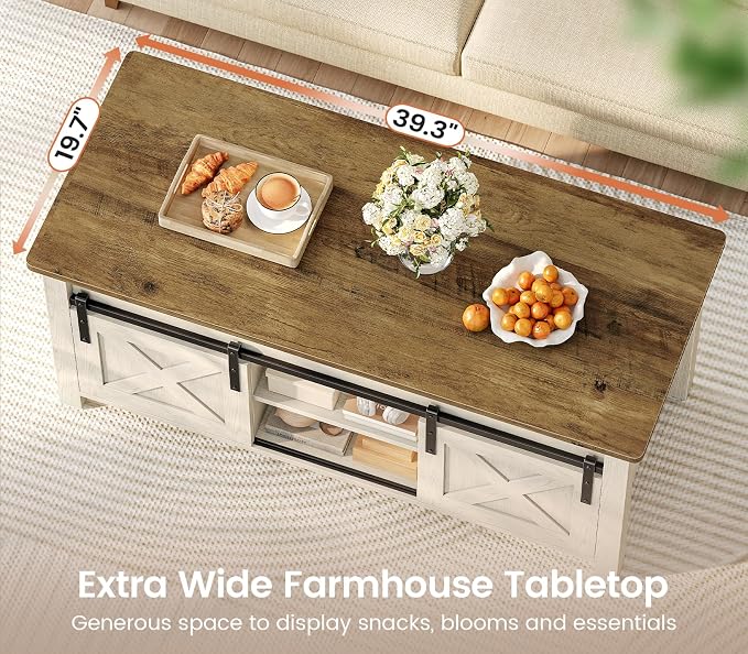 SEDETA Lift Top Coffee Table, Farmhouse Lift Tabletop Dining Table, Gas Spring, Hidden Compartment, Open Storage Shelf, for Living Room, White Brown