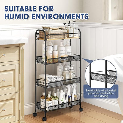 TOOLF 4-Tier Slim Rolling Cart, Metal Utility Cart, Slide Out Storage Cart with Wooden Tabletop and Mesh Baskets for Narrow Space on Kitchen Bathroom Laundry Room Bedroom Apartments Dormitory