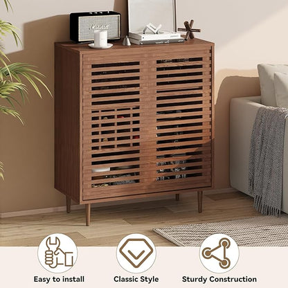 Mid Century Bar Cabinet with Wine Racks, Modern Liquor Cabinet with Slatted Doors for Dining Room, Living Room (Walnut Color)