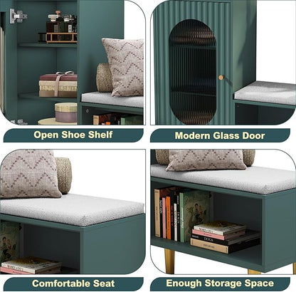 HLR Storage Bench with Glass Door&Shelf, Modern Entryway Shoe Cabinet Bench with Padded Seat, Green L-Shaped Storage Cabinet for Hallway, Bedroom, Living Room, Office