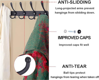 Dseap Coat Rack Wall Mounted - 5 Tri Hooks, Heavy Duty, Stainless Steel, Metal Coat Hook Rail for Coat Hat Towel Purse Robes Mudroom Bathroom Entryway, Silver