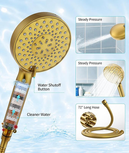 SR SUN RISE Filtered Shower Head with Handheld High Pressure 9 Spray Mode Showerhead Detachable Shower Head Water Softener Filters Beads for Hard Water Remove Chlorine 4 Filters Brushed Gold