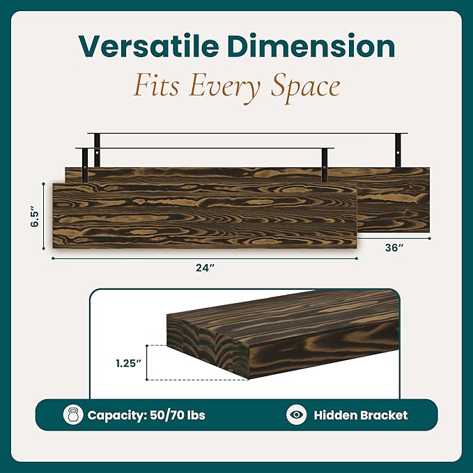 Howizz 24'' Pine Wood Floating Shelves for Wall- Set of 2 - Rustic Wall Mounted Wooden Shelf for Stylish Home Décor (Dark Brown, 24x6.5x1.25), 2pcs
