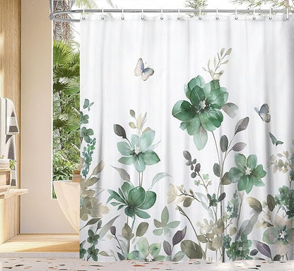 Green Floral Shower Curtain, Green Lavender Floral Butterfly Boho Shower Curtains for Bathroom, Farmhous Flower Cute Fabric Shower Curtain Set with 12PCS Hooks, 60X70IN