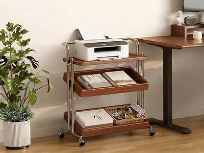 Solid Wood Rolling End Table Cart with Adjustable Storage - 3-Tier Stainless Steel Fame Side Table on Wheels Narrow Bedside Storage Table Small Bar Serving Cart for Living Room